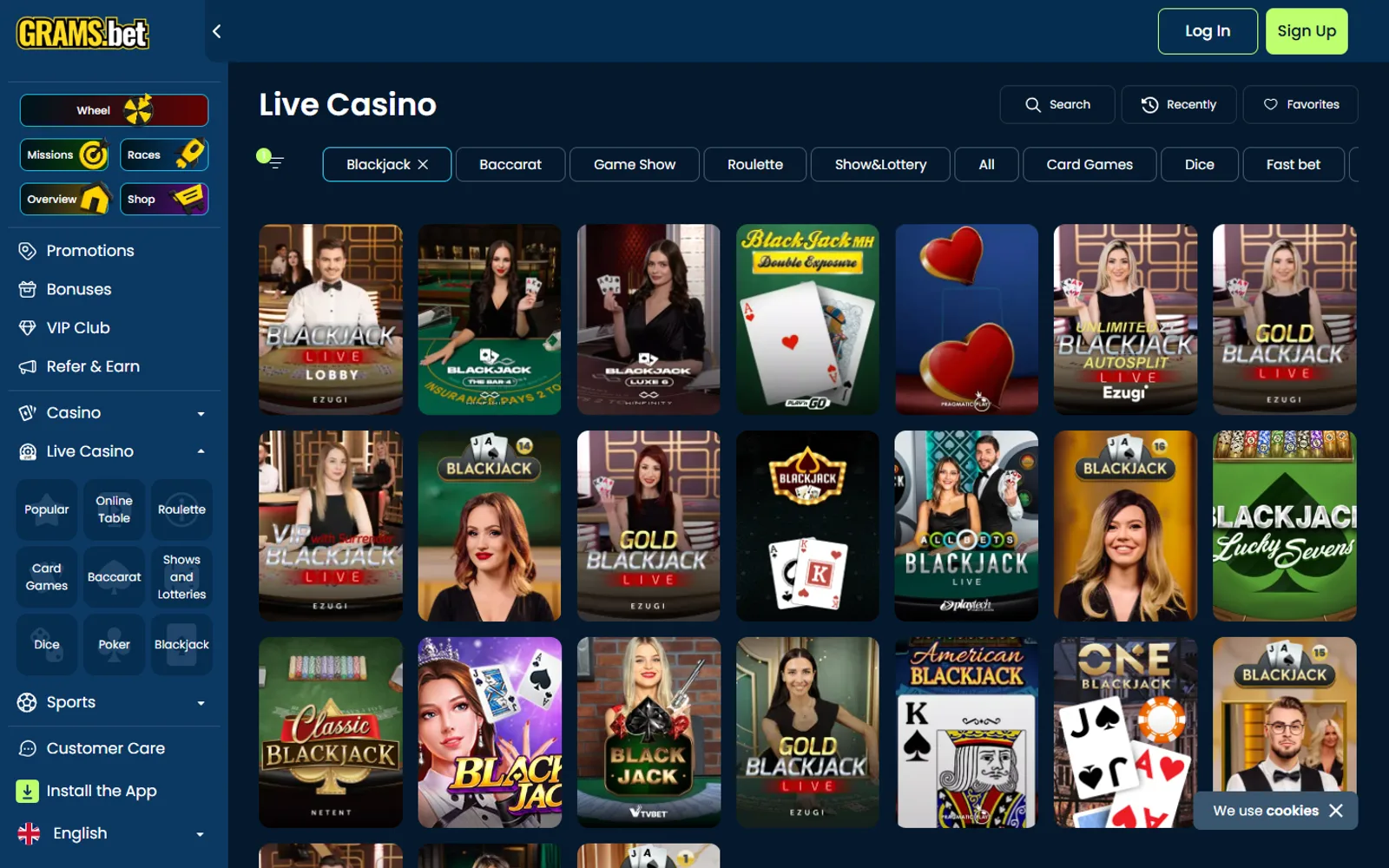 GramsBet Blackjack page with live presenters and card table variants