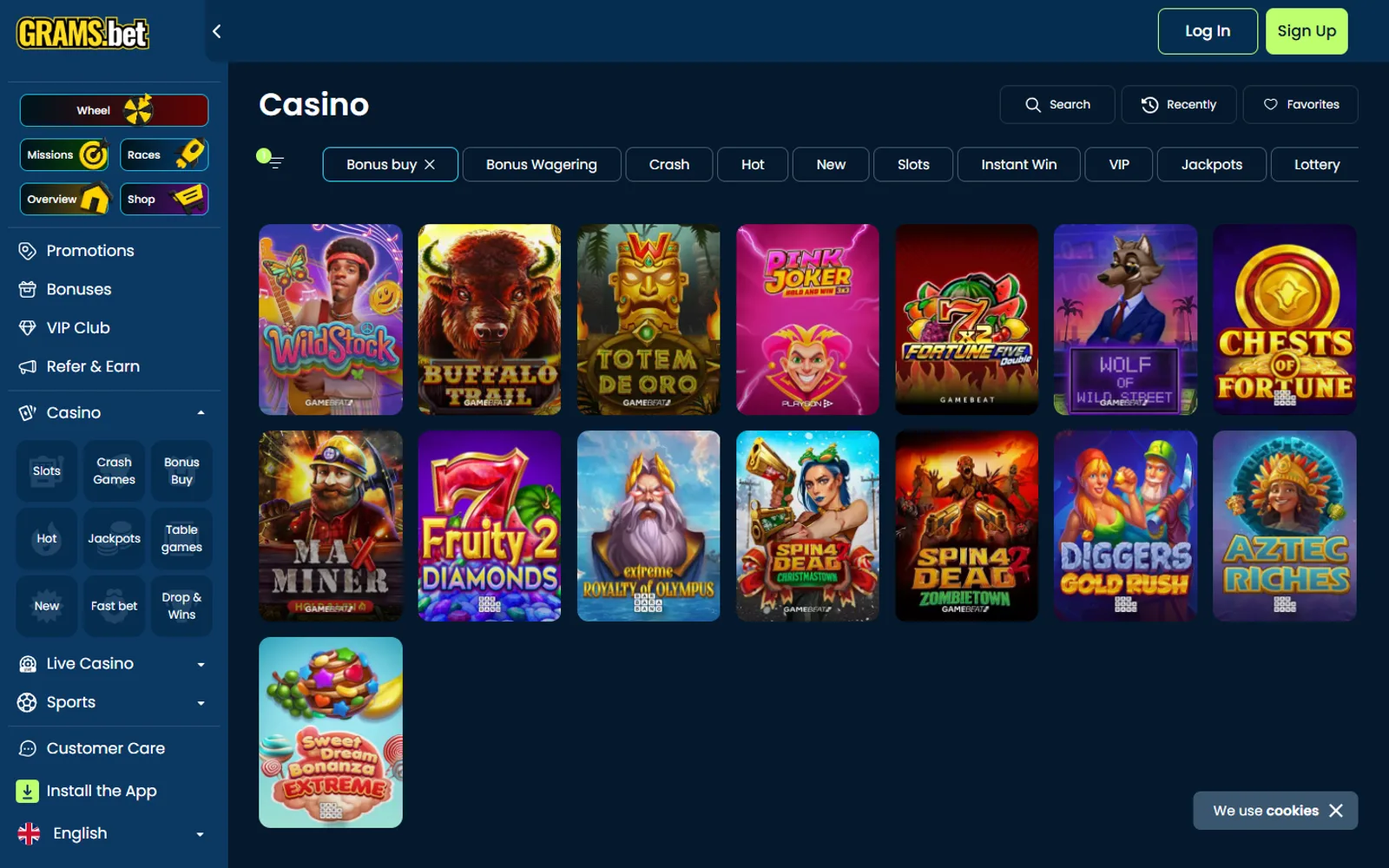 GramsBet Bonus Buy grid with feature-led slot game covers