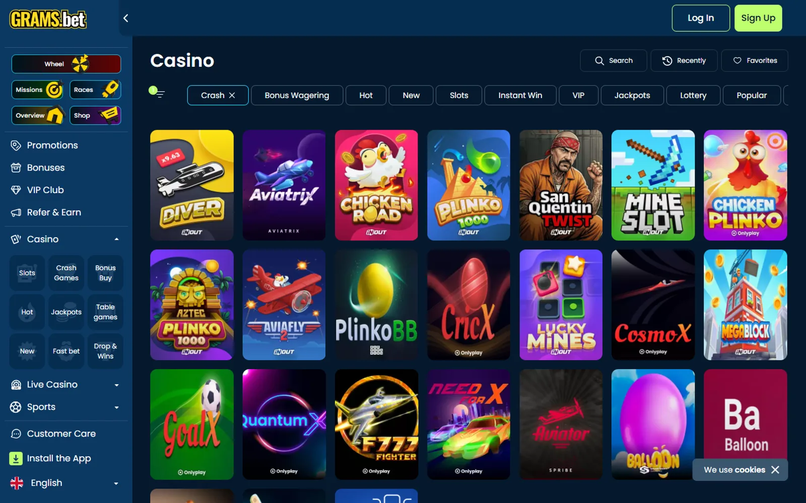 GramsBet Crash Games grid with plinko, aircraft, mines and sports titles