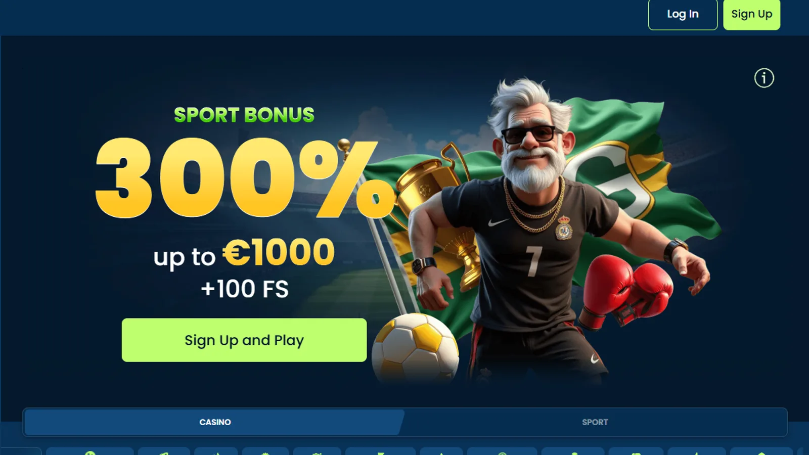 GramsBet home lobby with Sport Bonus banner and casino category controls