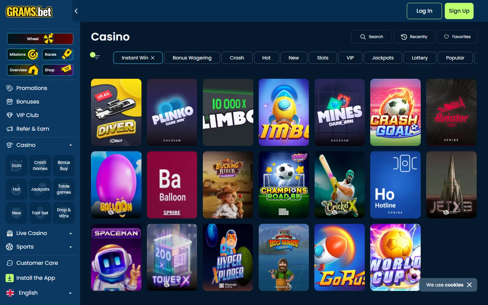GramsBet Instant Win grid with limbo, mines, plinko and crash titles