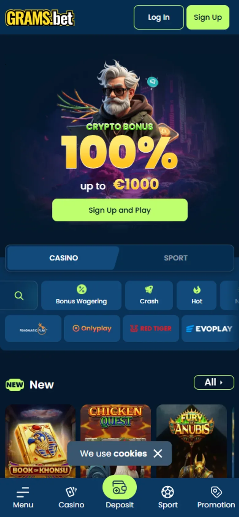 GramsBet mobile lobby with promotional carousel and bottom navigation