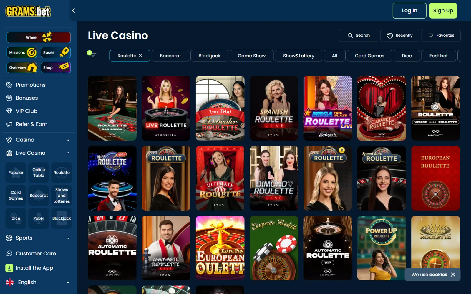 GramsBet Roulette page with classic, speed and presenter-led tables